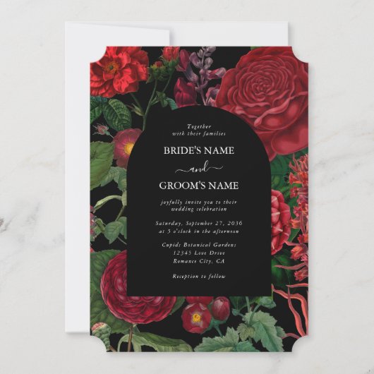 Moody Florals Black Arch Burgundy Red Wedding Einladung (Vorderseite)