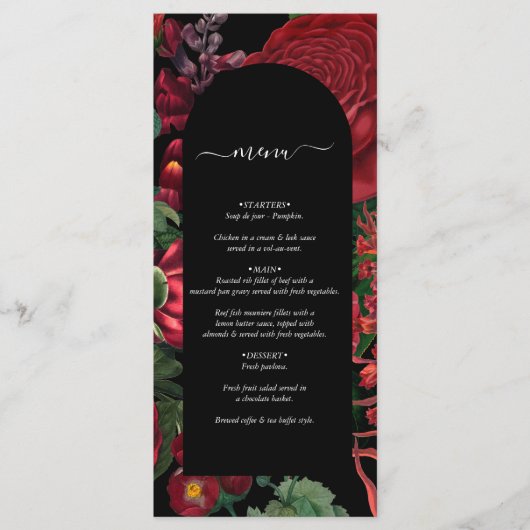 Moody Florals Black Arch Burgundy Red Wedding Menükarte (Vorderseite)