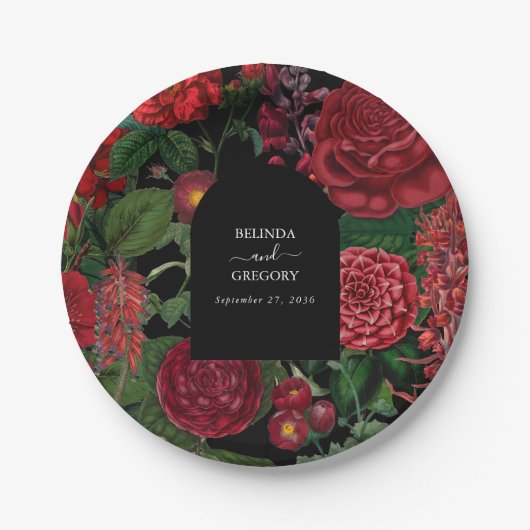 Moody Florals Black Arch Burgundy Red Wedding Pappteller (Vorderseite)