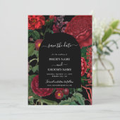 Moody Florals Black Arch Burgundy Red Wedding Save The Date (Stehend Vorderseite)