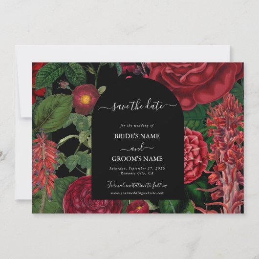 Moody Florals Black Arch Burgundy Red Wedding Save The Date (Vorderseite)