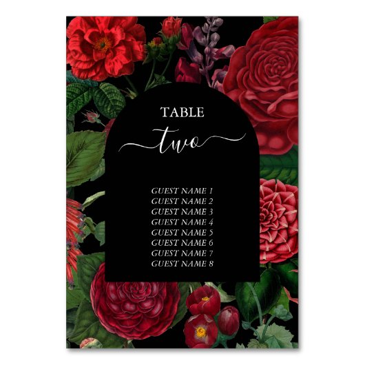 Moody Florals Black Arch Burgundy Red Wedding Tischnummer (Vorderseite)