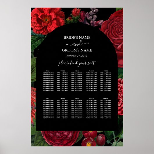 Moody Florals Black Burgundy Wedding Chart Poster (Vorne)