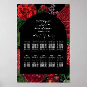 Moody Florals Black Burgundy Wedding Seating Chart Poster