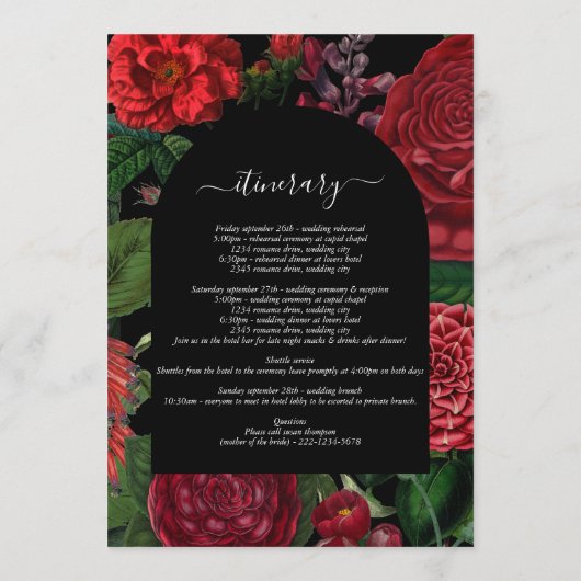 Moody Florals Burgundy Wedding Itinerary Program Programm (Rückseite)