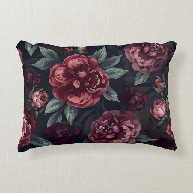 Moody Florals Watercolor Dark Red Pattern Dekokissen (Vorderseite)