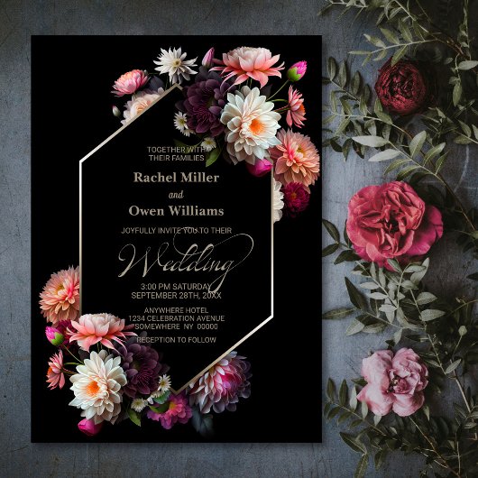 Moody Geometric Black Floral Wedding Einladung