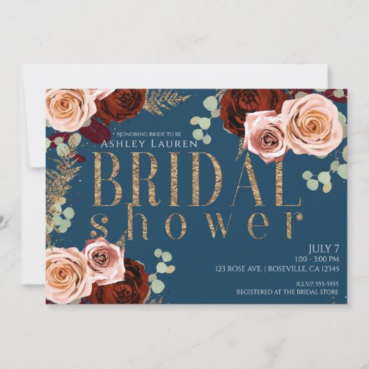 Moody Glam Blue Gold Pink Roses Brautparty Einladung (Vorderseite)