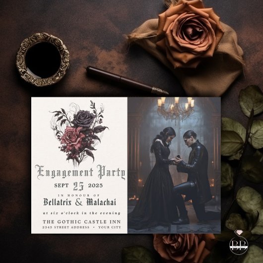 Moody Goth Rosewood Engagement Party Einladung
