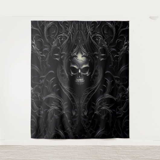 Moody Gothic Black Filigree & Skull XLarge Wandteppich (Vorderseite)