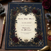 Moody Gothic Crest Navy Burgundy Gold Medieval  Save The Date