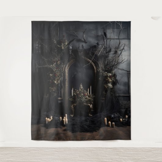 Moody Gothic Dark Arched Alter mit Ravens XLarge Wandteppich (Vorderseite)