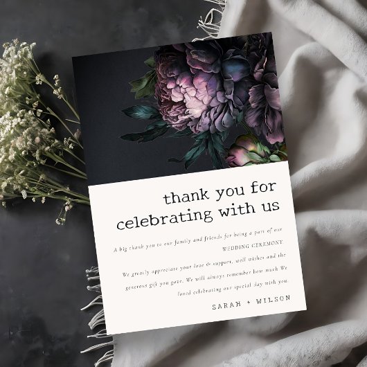 Moody Gothic Dark Lila Black Peony Wedding Dankeskarte