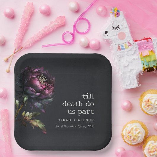 Moody Gothic Dark Lila Black Peony Wedding Pappteller (Party)