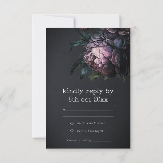 Moody Gothic Dark Lila Black Peony Wedding RSVP Karte (Vorderseite)