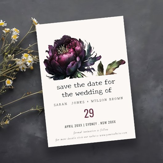 Moody Gothic Dark Lila Black Peony Wedding Save The Date