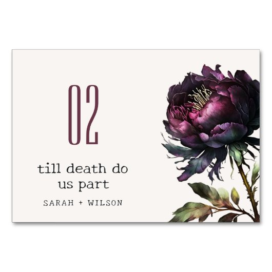 Moody Gothic Dark Lila Black Peony Wedding Tischnummer (Vorderseite)