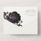 Moody Gothic Dark Purple Black Peony Wedding All In One Einladung (Rückseite)