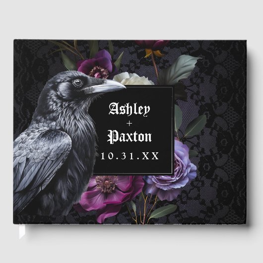 Moody Gothic Floral Bouquet auf Black Lace w/Raven Gästebuch (Vorderseite)