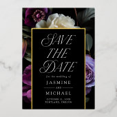 Moody Gothic Floral Photo Foil Save the Date Card Folieneinladung (Vorderseite)
