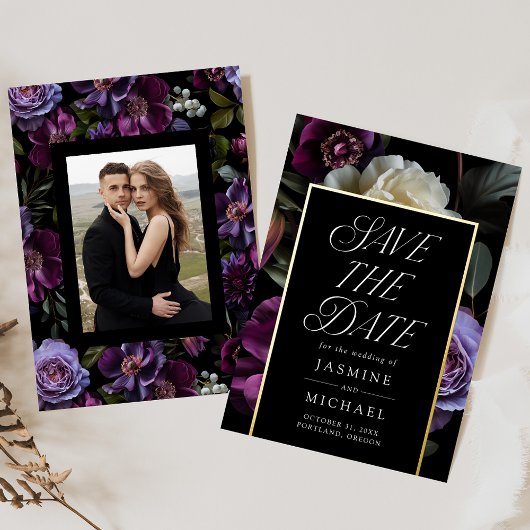 Moody Gothic Floral Photo Foil Save the Date Card Folieneinladung