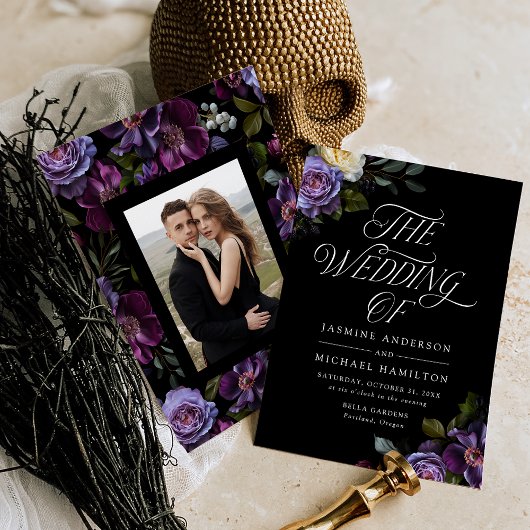 Moody Gothic Floral Photo Wedding Einladung
