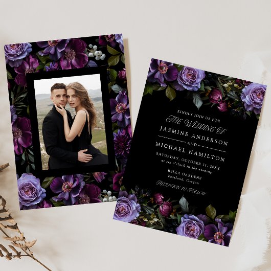 Moody Gothic Floral Photo Wedding Einladung