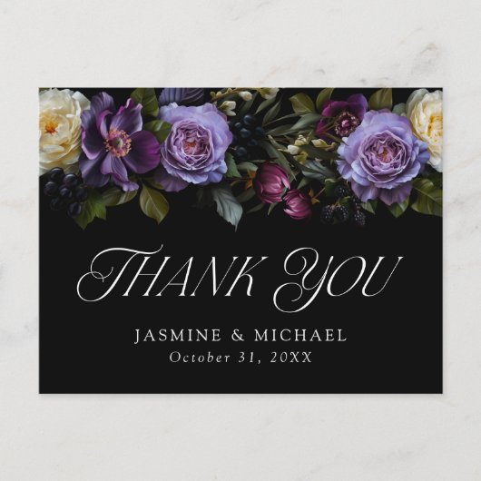 Moody Gothic Floral Wedding Thank You Postkarte (Vorderseite)