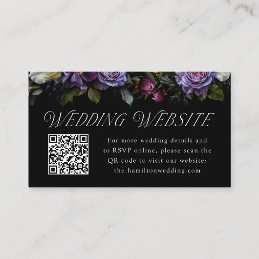 Moody Gothic Floral Wedding Website QR Code Begleitkarte (Vorderseite)