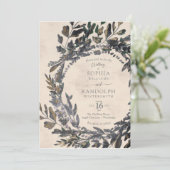 Moody Gothic Floral Wreath Stahl Graugold Einladung (Stehend Vorderseite)