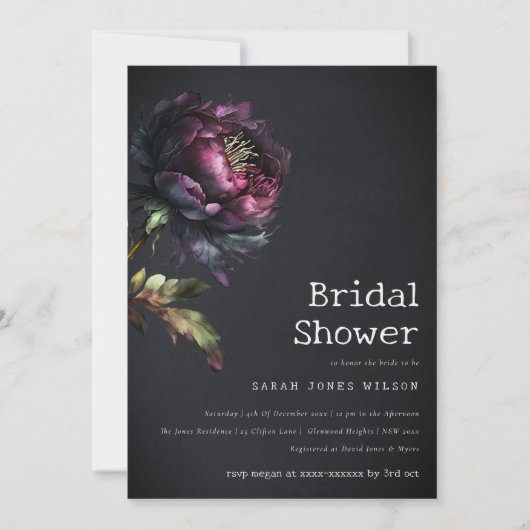 Moody Gothic Lila Black Peony Brautparty Einladung (Vorderseite)