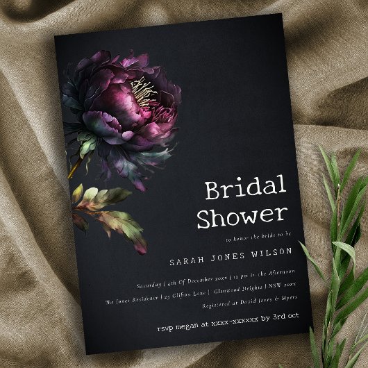 Moody Gothic Lila Black Peony Brautparty Einladung