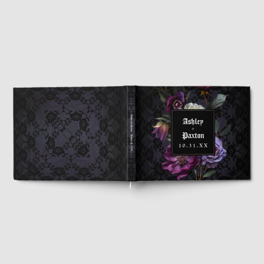 Moody Gothic Lila Floral Bouquet auf Black Lace Gästebuch (Voll)