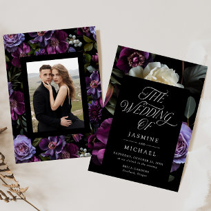 Moody Gothic Lila Floral Foto Wedding Einladung