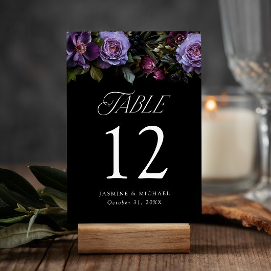 Moody Gothic Lila Floral Wedding Tischnummer