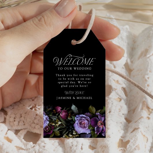 Moody Gothic Lila Floral Wedding Willkommen Geschenkanhänger