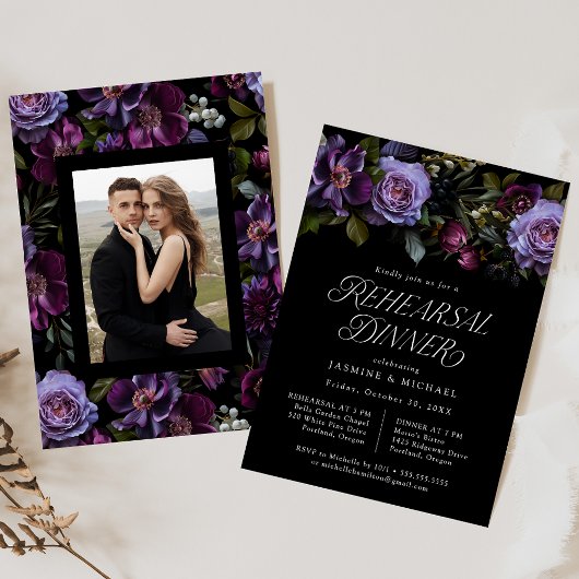 Moody Gothic Purple Floral Photo Rehearsal Dinner Einladung