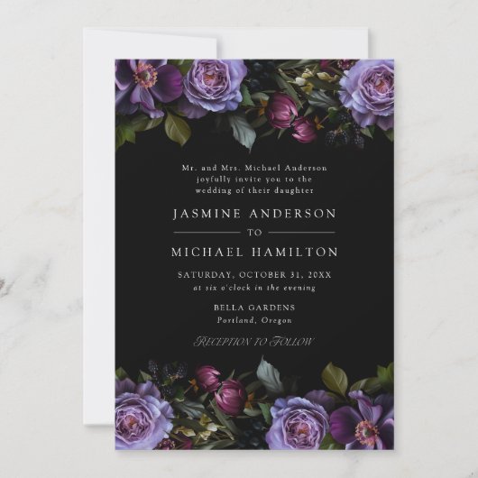 Moody Gothic Purple Floral Photo Wedding Einladung (Vorderseite)