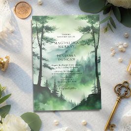 Moody Green Mountain Pine Tree Fire Forest Wedding Einladung
