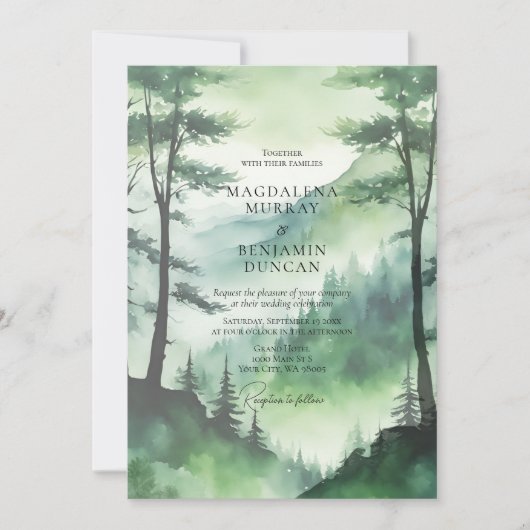 Moody Green Mountain Pine Tree Fire Forest Wedding Einladung (Vorderseite)