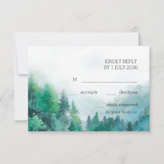 Moody Green und White Watercolor Forest Wedding RSVP Karte