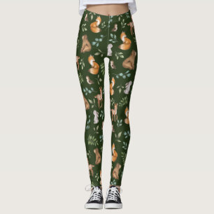 Moody Green Woodland Forest Animals Muster Leggings