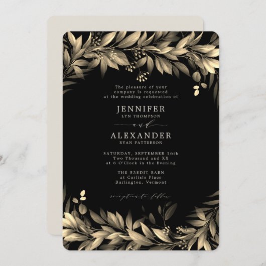 Moody Greenery Black & Beige Wedding Einladung (Vorne/Hinten)