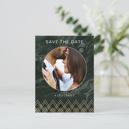 Moody Hues Emerald Green Marble Save the Date Postkarte (Stehend Vorderseite)