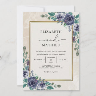 Moody Indigo Floral Border Wedding Einladung