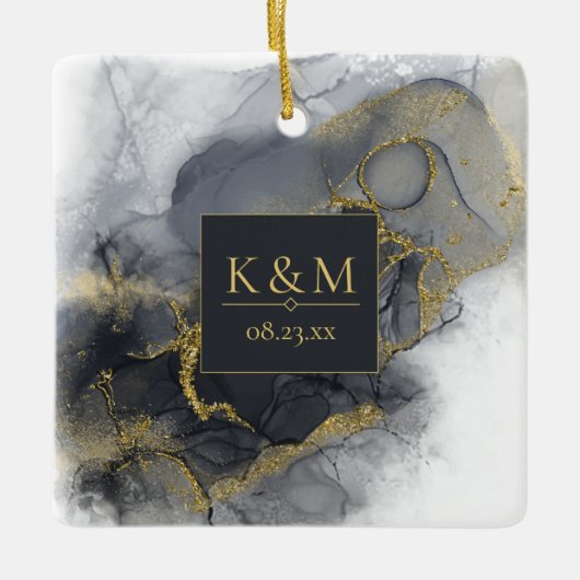 Moody Ink Charcoal Gold Abstrakt Blk ID988 Keramikornament (Vorderseite)