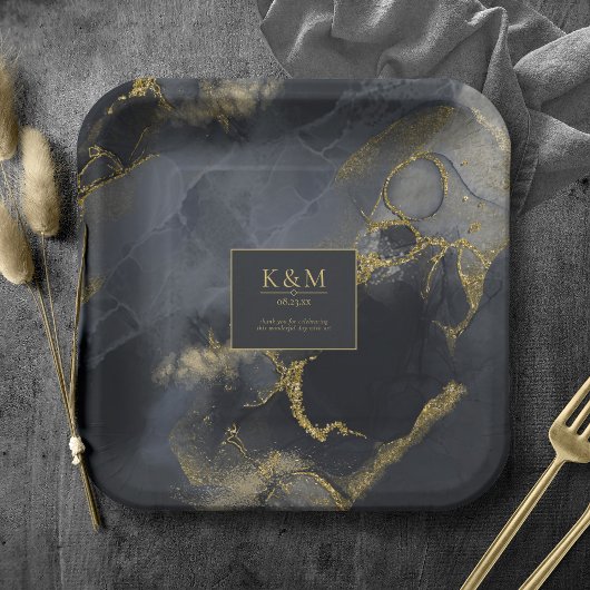 Moody Ink Charcoal Gold Abstrakt Blk ID988 Pappteller