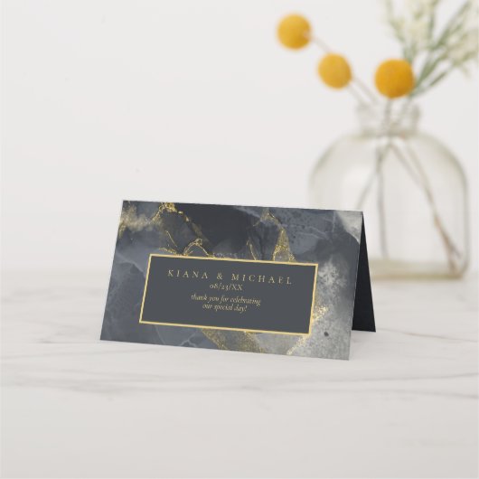 Moody Ink Charcoal Gold Abstrakt ID988 Platzkarte (Rückseite)