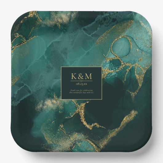 Moody Ink Emerald Gold Abstrakt Dk ID988 Pappteller (Vorderseite)