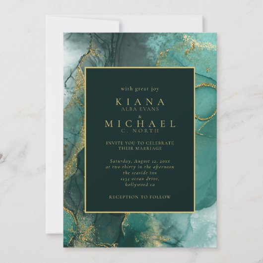 Moody Ink Emerald Gold Abstrakt ID988 Einladung (Vorderseite)